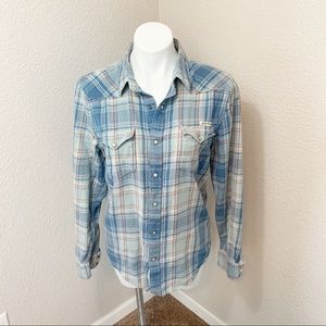 3/$25 Lucky Brand Blue Plaid Snap Button Down